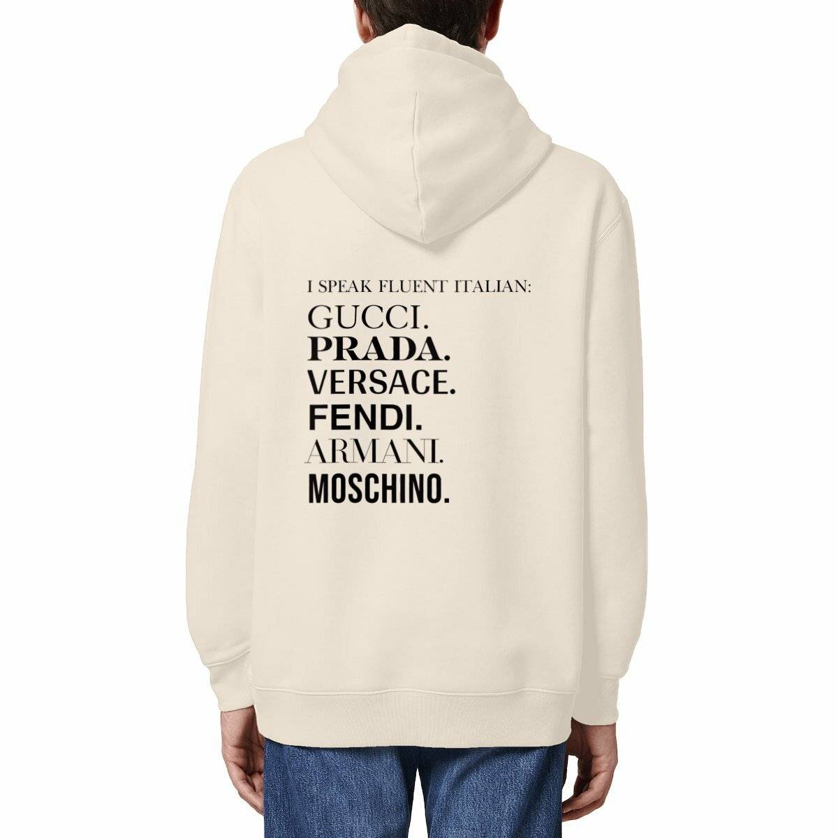 Sweat-shirt oversized unisexe ITALIAN LANGUAGE SWEAT en coton écoresponsable, imprimé texte noir au dos listant des marques de luxe italiennes.