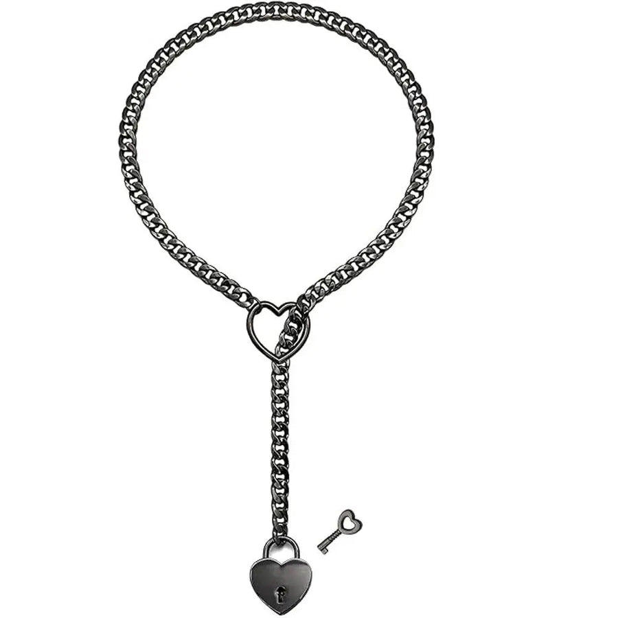 Adjustable Heart O - Ring Punk Rock Cuban Chain Necklace – Lariat Y - Style Necklace with Key & Heart Lock Pendant - Pimp Up ™️