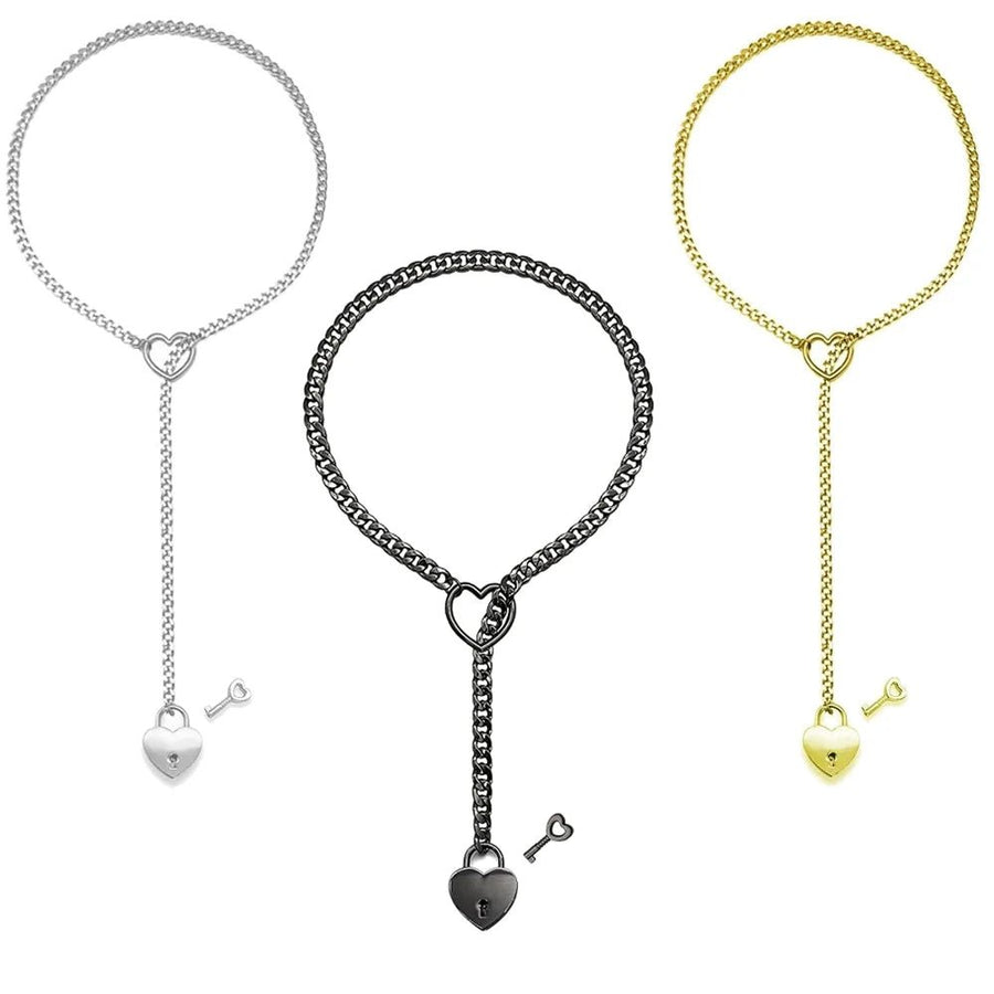 Adjustable Heart O - Ring Punk Rock Cuban Chain Necklace – Lariat Y - Style Necklace with Key & Heart Lock Pendant - Pimp Up ™️